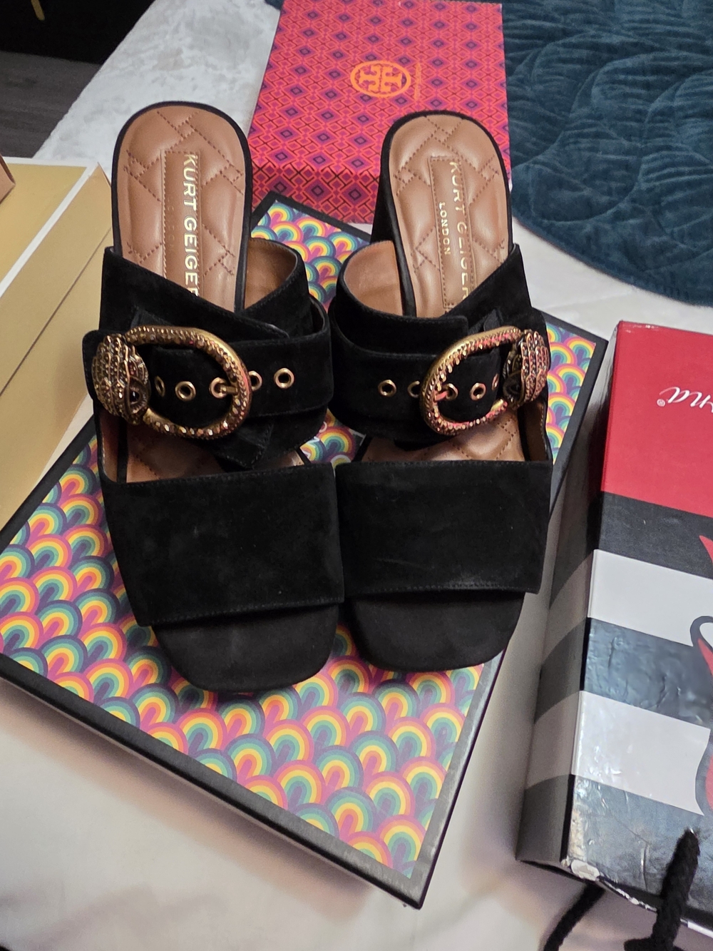 Kurt Geiger Black Suede Slide Mules with Gold Buckle Detail